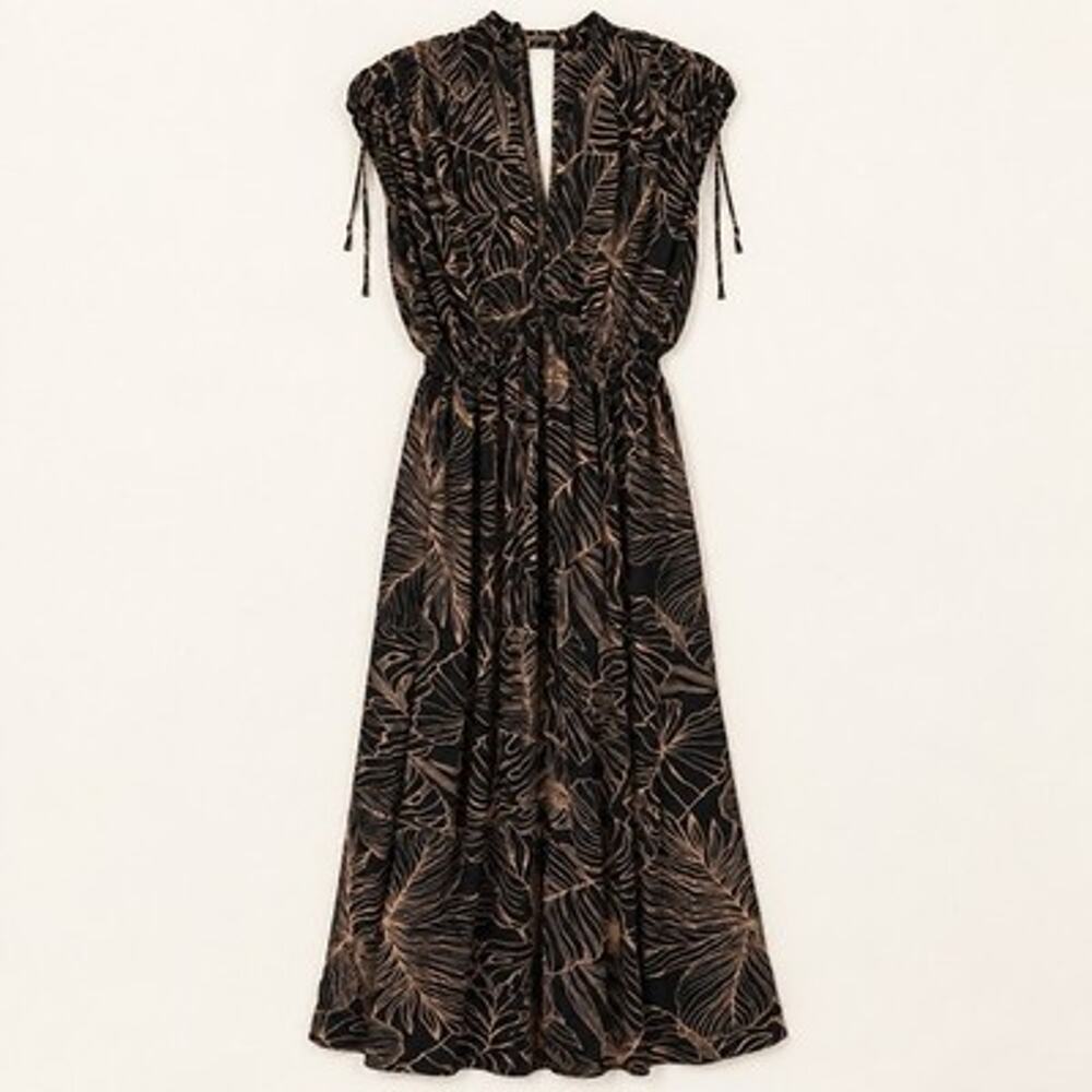 Elan Maxi Dress Black Tan Size Medium Tropic Leaf Print Open Back Plunge Resort